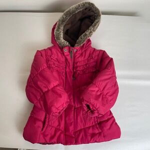 London Fog Pink Winter Puffer Coat Floral Ruffle‎ Hooded - 18M